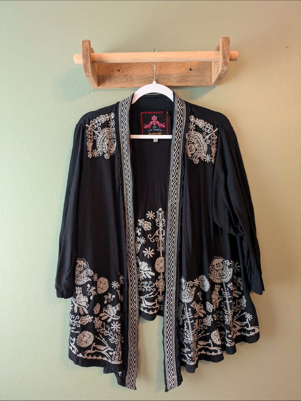 Johnny Was JW Los Angeles Sz M Black Open Front Cardigan White Embroidery Boho